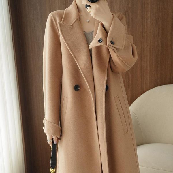 

women's wool & blends double sided coat 2021 row button medium and long, Black