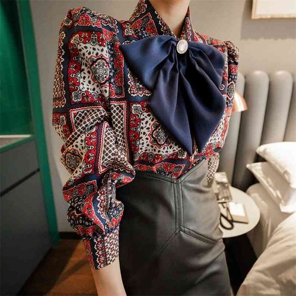 Korea Frauen Mode Bowknot Umlegekragen Chiffon Bluse langärmelige bedruckte Blusen Arbeitskleidung Freizeithemd Blusas 210519