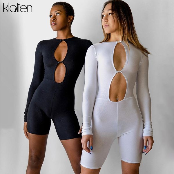 

shorts 2021 women fashion hollow out solid skinny elastic playsuit new long sleeve o neck fitness activewear female spring, White;black