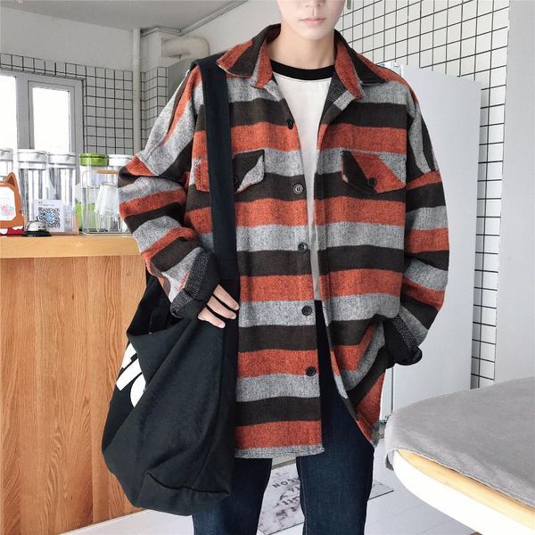 

men's jackets spring autumn teens striped shirt korean fashion brand loose fit pocket long sleeve nfmf, Black;brown