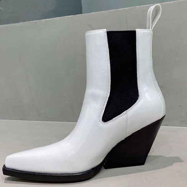 

boots woman shoes genuine leather wedge heel ankle women platform short ladies high cowboy knight botas mujer, Black