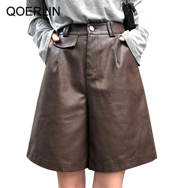 

qoerlin new pu high waisted bermuda faux leather loose casual street wear bicycle shorts 210304, White;black