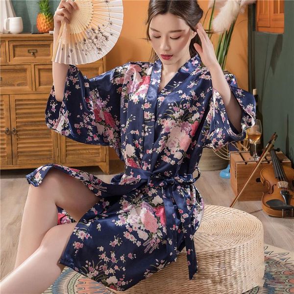 

ethnic clothing japanese women kimono yukata nightgown fashion satin floral print sakura cardigan robe 2021 summer pajamas vintage, Red