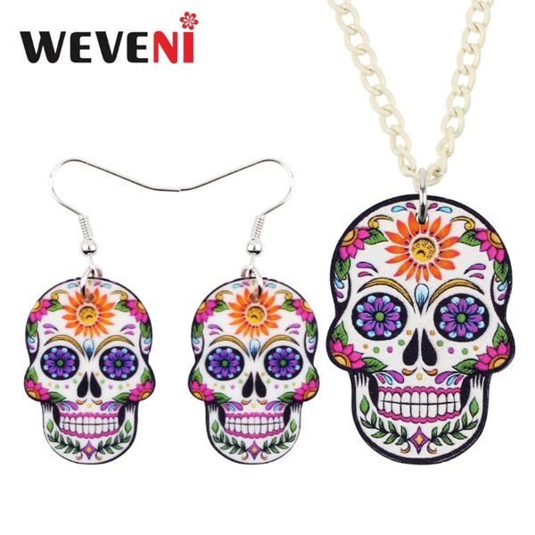 

earrings & necklace weveni original acrylic halloween floral punk skull jewelry sets for women girls 2021 collier gift drop ship, Silver