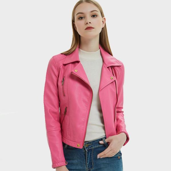

women's leather & faux pink basic casual pu jacket preppy stylish students fall autumn coat, Black
