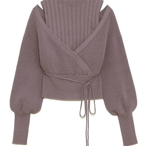 

neploe turtleneck drawstring puff sleeve knitted sweaters sweet loose shoulder straples autumn winter pullovers 211215, White;black