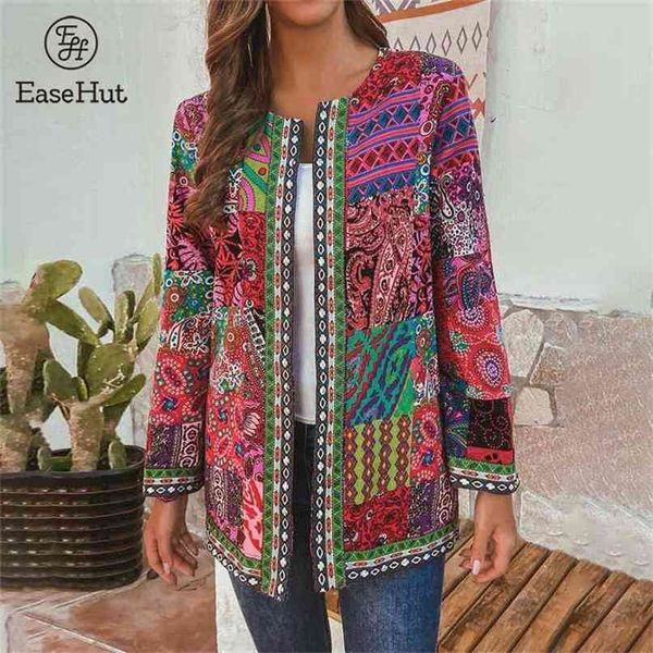 

easehut plus size 5xl 6xl coat for women ethnic printed cardigans autumn thin coats long sleeve o neck casual loose outwear 210922, Black;brown