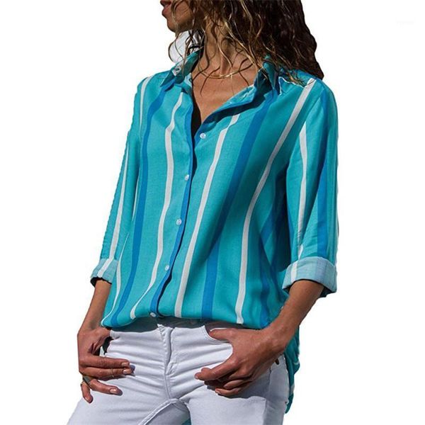 

fashion stripe long sleeve chiffon shirt summer turn-down collar large size women girl clothes ropa de mujer ey*, White
