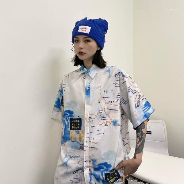 

women's blouses & shirts 2021 summer vintage nautical chart blouse street hip hop loose print shirt, White