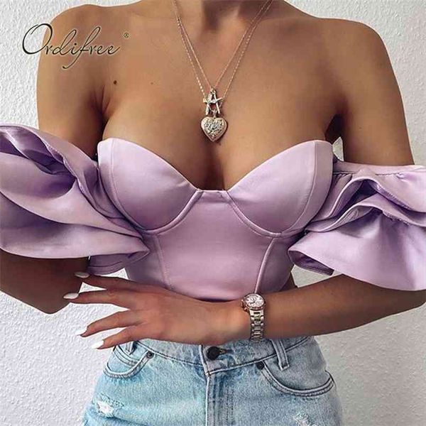 

summer women ruffle blouse off shoulder slash neck satin shirt 210513, White