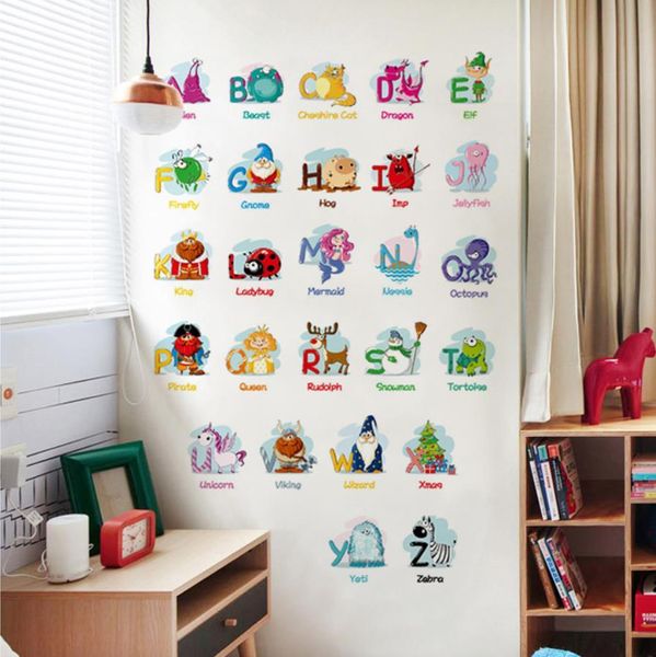 Alfabeto dos desenhos animados adesivos de parede A-Z Letras Inglês Decoração de Casa Quartos Início Vinil Decor Kids Learning Wall Decalques 210420