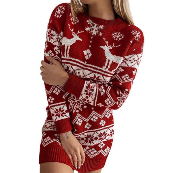 

casual dresses winter women dress o-neck long sleeve knitted sweater christmas snowflake elk jacquard party, Black;gray