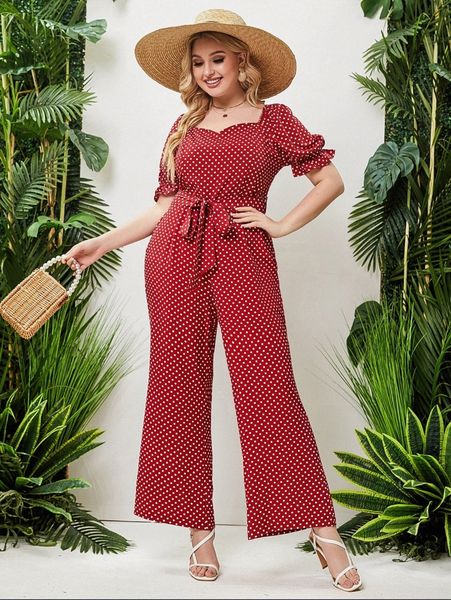 

plus polka dot sweetheart neck puff sleeve wide leg belted jumpsuit h3oz#, Black