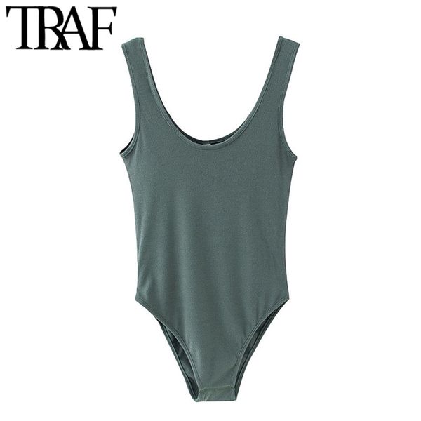 

women fashion solid stretch slim bodysuits vintage o neck sleeveless female playsuits chic 210507, Black;white