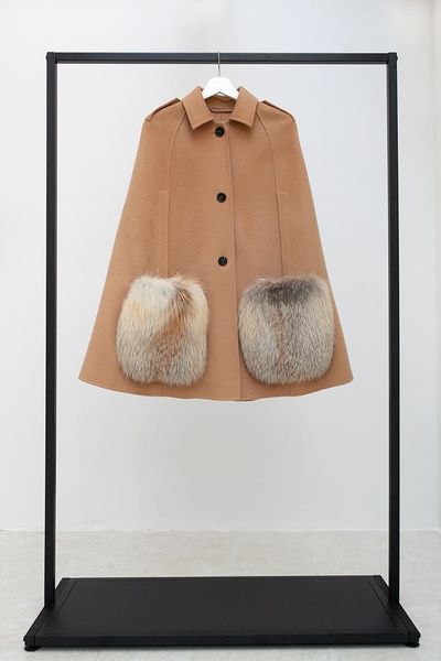 

women's fur & faux arlenesain v-neck double cashmere cape-style coat with patch pockets and button closure, Black