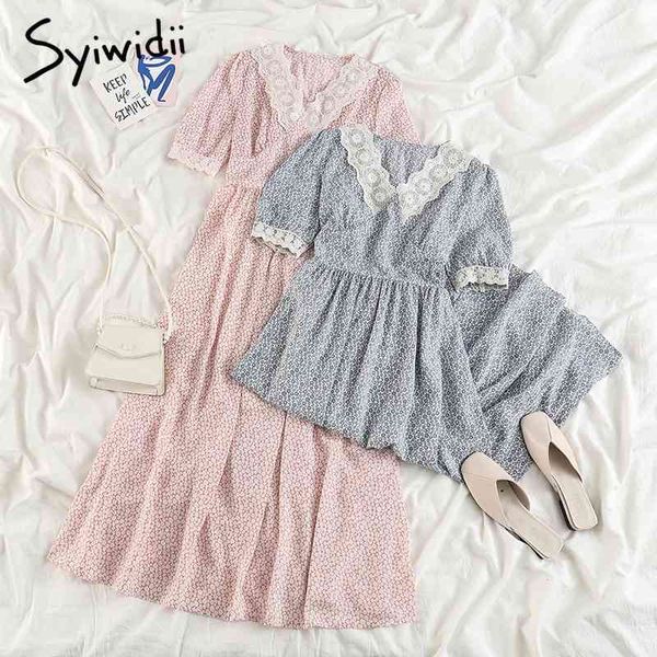 

syiwidii floral print high waist dresses women lace spliced short sleeve v-neck a-line clothes summer korean fashion dress 210417, Black;gray