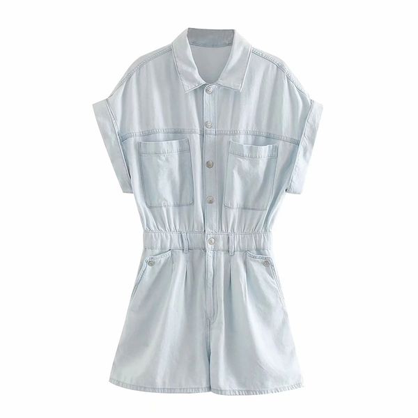 Frauen Chic Mode Taschen Denim Playsuits Vintage Turn-up Ärmel Elastische Taille Weibliche Kurze Overalls Mujer 210531