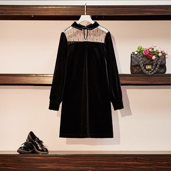 

casual dresses 2021 plus size 5xl ladies vestidos autumn women dress hollow out patchwork velvet female robe club long sleeve balck, Black;gray