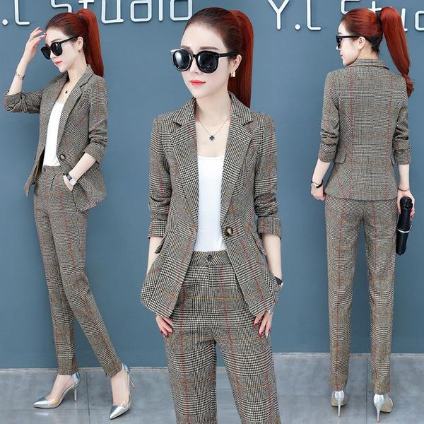 

2 piece set plaid formal slim was thin pant suit blazer office lady designs women soft jacket and ankle-length women's two pant, White