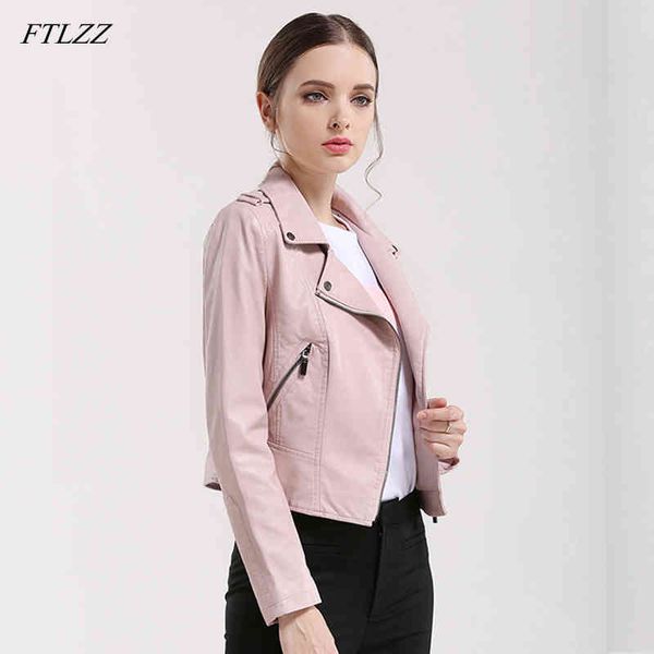 Niet Pu Lederjacke Frauen Rosa Schwarz Farben Motorrad Kurzmantel Weiche Faux Biker Weiblich 210423