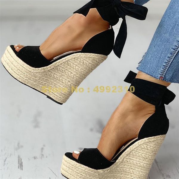 

sandals platform wedges high heels shoes woman straw summer party, Black