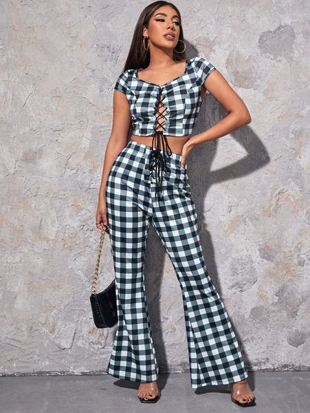 

gingham print lace up flared leg pants c9f2#, Black;white