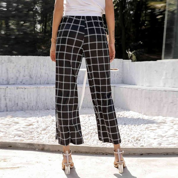 

spring and summer new women's pants with tie and color contrast plaid split high waist casual pants with elastic waist ribbon showing t, Black;gray