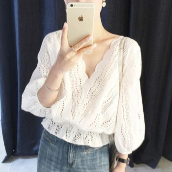 

women's blouses & shirts korean style summer women vintage v-neck solid color all-match puff sleeve elegant casual loose pullovers clo, White