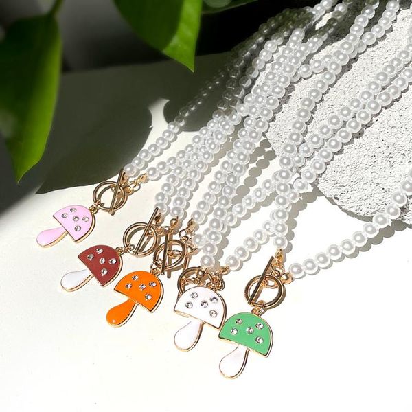 

chokers korea cute mushroom enamel pendant pearl beaded necklace for women fashion imitation handmade jewelry gift, Golden;silver