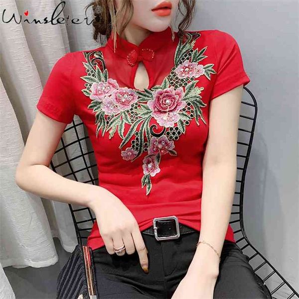 

folk t shirt women stand collar flower embroidery diamonds short sleeve ethnic slim stretchy red black t02813b 210421, Black;gray