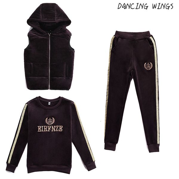 

women's tracksuits sporting suit 2021 winter thicken sportswear gold velvet embroidery hoodies+pants+vest 3 piece set warm 3qg6, Gray