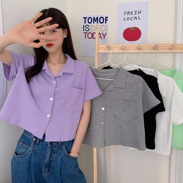 

summer korean version of loose short-sleeved t-shirt female collar wild student short single row button women women's, White