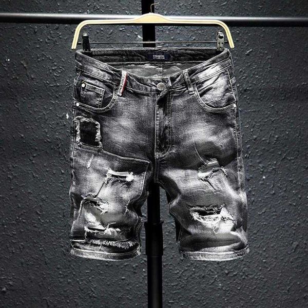

men gray denim shorts new summer holes black short jeans men cotton stretch jean shorts knee length jeans size 36 p0806, White;black