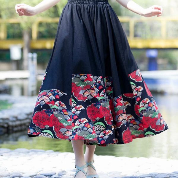 

skirts high waist summer cotton and linen long flower print women a-line faldas jupe femme midi skirt saia, Black