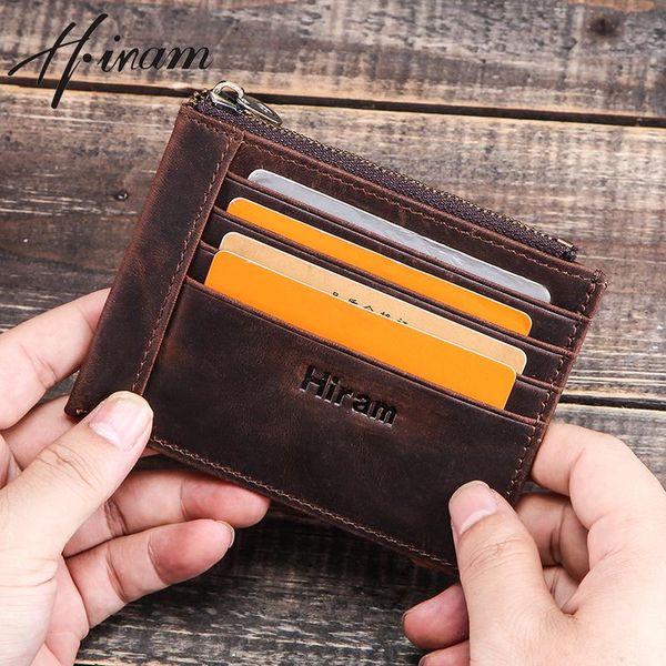 

card holders hiram bussiness holder crazy horse leather wallets small id case slim wallet for men zipper coin pocket, Brown;gray