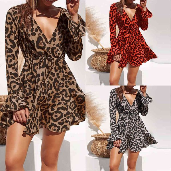 

aachoae women summer dress leopard print boho beach dresses casual ruffle long sleeve a-line mini party dress vestidos x0521, Black;gray