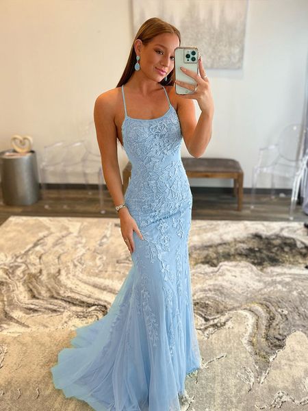

mermaid applique prom dresses backless o neck spaghetti straps evening dress vestidos de noche 2022 new, Black