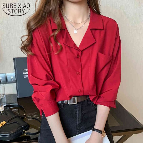 

professional notched collar loose cardigan autumn red chiffon long sleeve office lady women's blouse shirt blusas 10692 210508, White