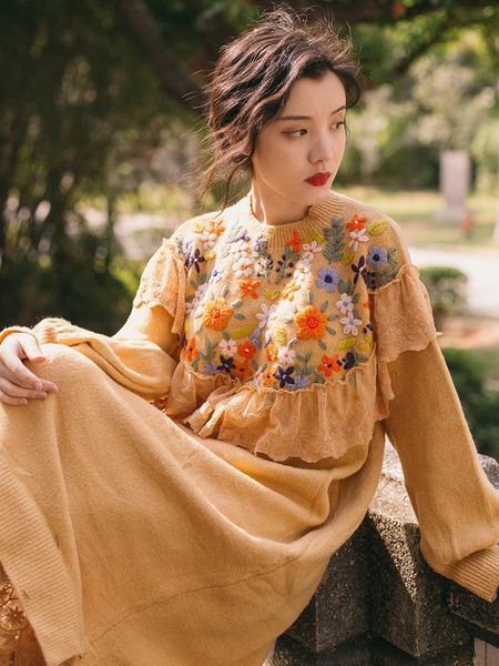 

casual dresses autumn winter hook flower lace patchwork mori girl cottage core style vintage knit long sweater women boho knitwear, Black;gray