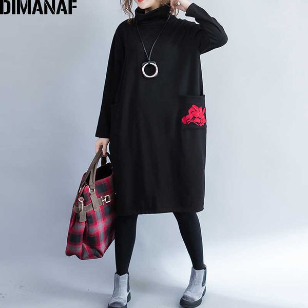 

big size dress winter women thick flocking vestidos female lady loose turtleneck embroidery elegant clothing black 210531, Black;gray