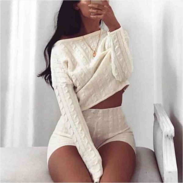 

women two piece set knitted long sleeve crop and bodycon shorts suit 2 piece set women outfits, Gray