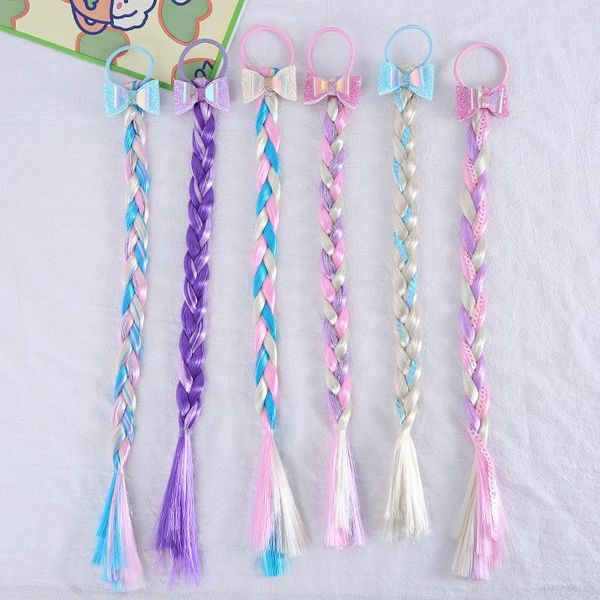 

hair accessories 1 pcs candy colored braided wig bow princess headwear children girls baby headdress kids elastic bands, Slivery;white