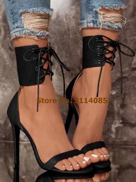 

women stiletto heels sankeskin gladiator sandals lace-up wide ankle strap dress shoes python pattern pumps, Black