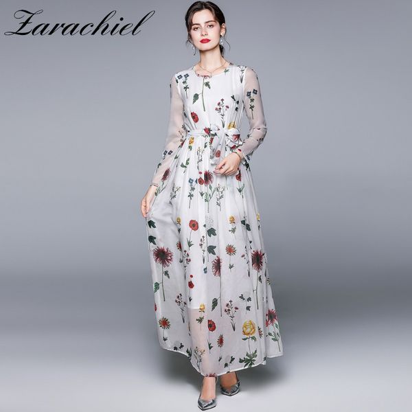 Böhmisches süßes Foral-gedrucktes weißes Chiffon-Maxi-Sommer-Frauen-O-Ausschnitt-Langarm-elegantes Strand-Boho-Kleid mit Gürtel 210416