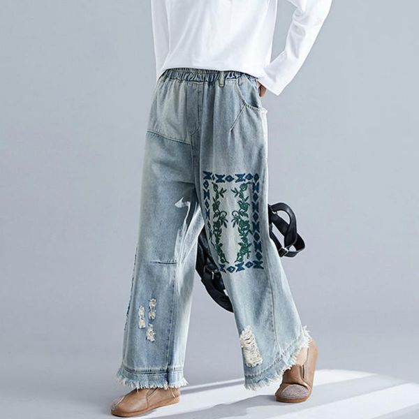 

women's pants & capris 2021 jeans wild nine point straight plus size autumn women loose vintage holes embroidery wide leg elastic pr058, Black;white