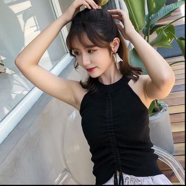 

korean womens cami knitting drawstring halter tanks women solid sleeveless strapless vest female summer fashion ladies clothes, White