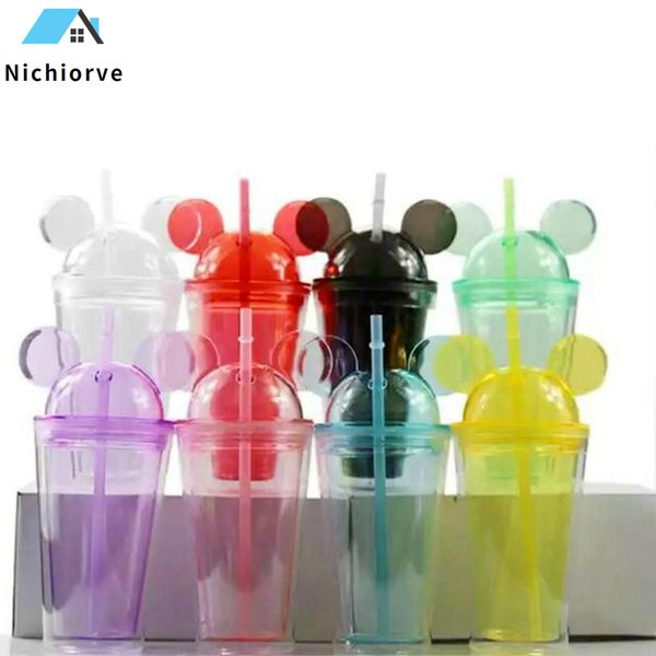 

8colors 15oz acrylic tumbler with dome lid plus straw double wall clear plastic tumblers with mouse ear reusable cute drink cup lovely xx55