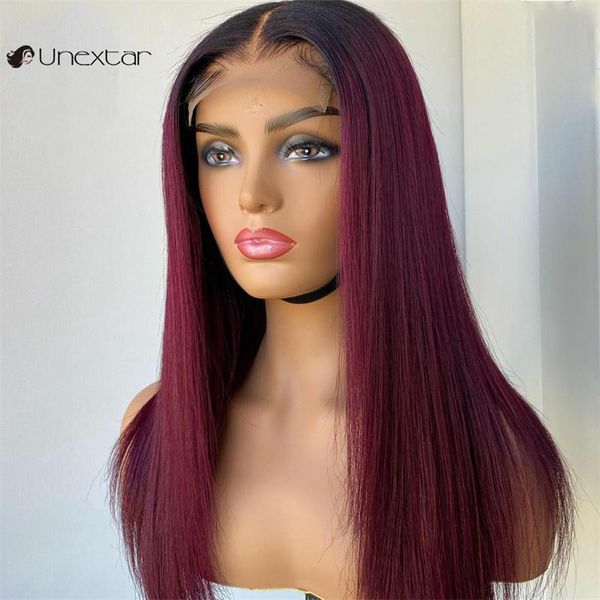

lace wigs unextar 13x4 front human hair burgundy color brazilian straight wig for women, Black;brown