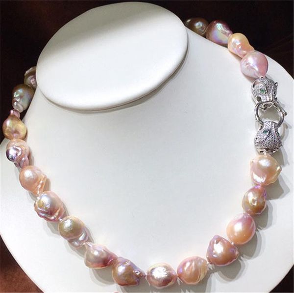 

chokers habitoo luxury huge 15-25mm natural pink purple baroque pearl double leopard head cubic zircon acc choker necklace jewelry gift, Golden;silver