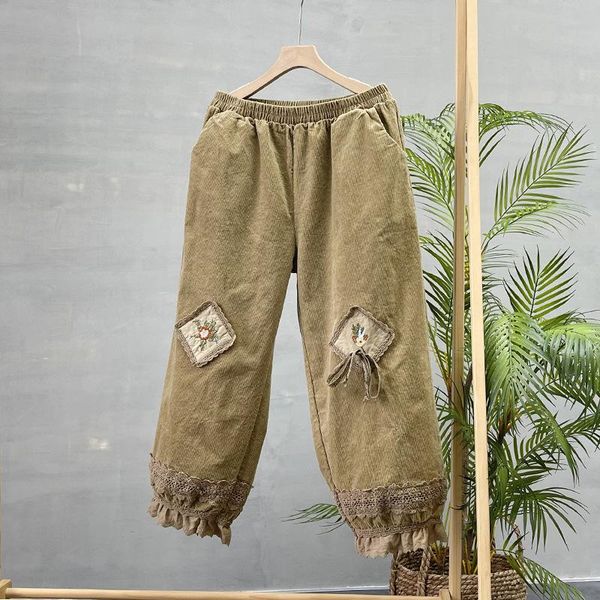 

women's pants & capris corduroy women harem pockets elastic waist 2021 autumn winter embroidered lace vintage fashion trousers female, Black;white